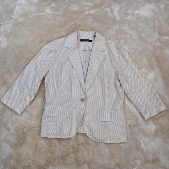 City UNLTD Beige White Pinstripe Cotton Blazer Size 14 Large - Picture 5 of 13